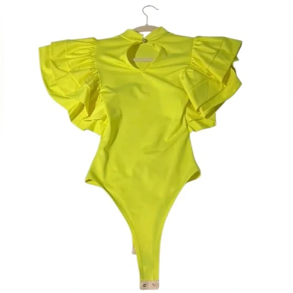 NWT FASHION NOVA Ruffle Galore Bodysuit Neon Yellow S - Picture 2 of 6